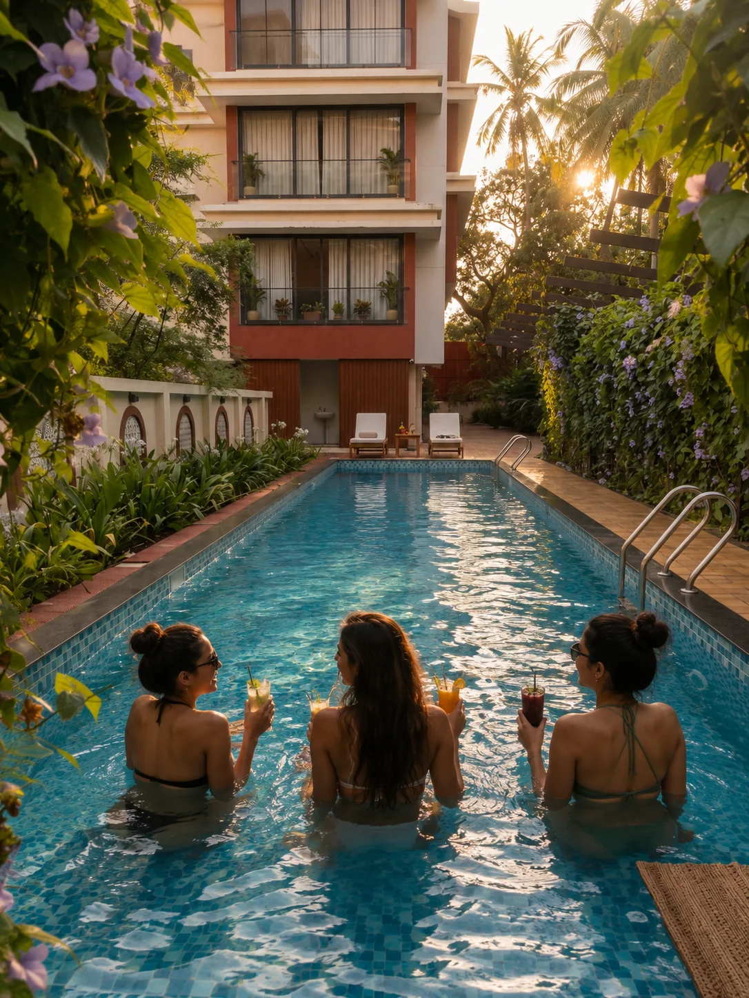 Friends enjoying the shared swimming pool at golden hour
