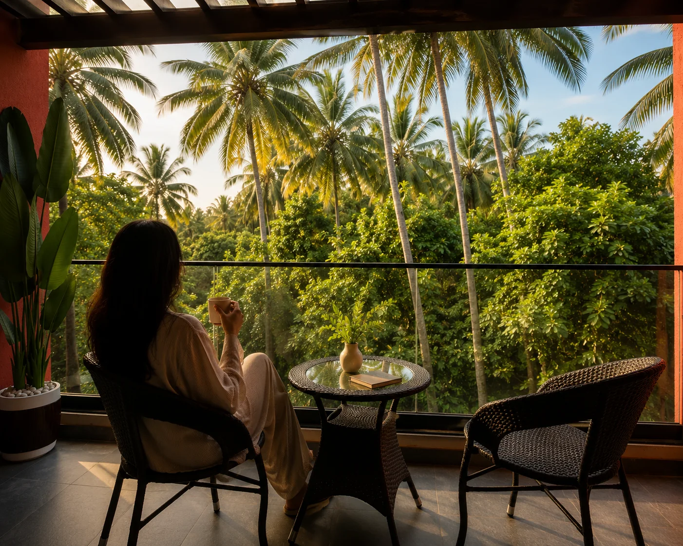 Morning coffee overlooking coconut palms from the balcony