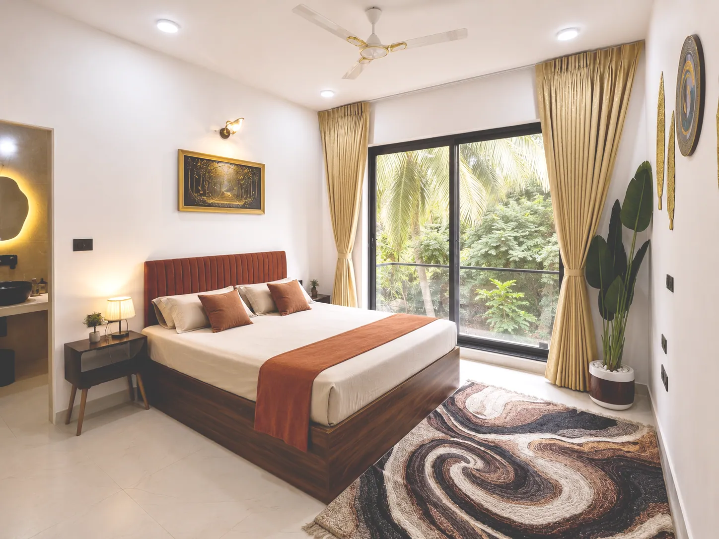Calm bedroom with a queen bed and leafy views