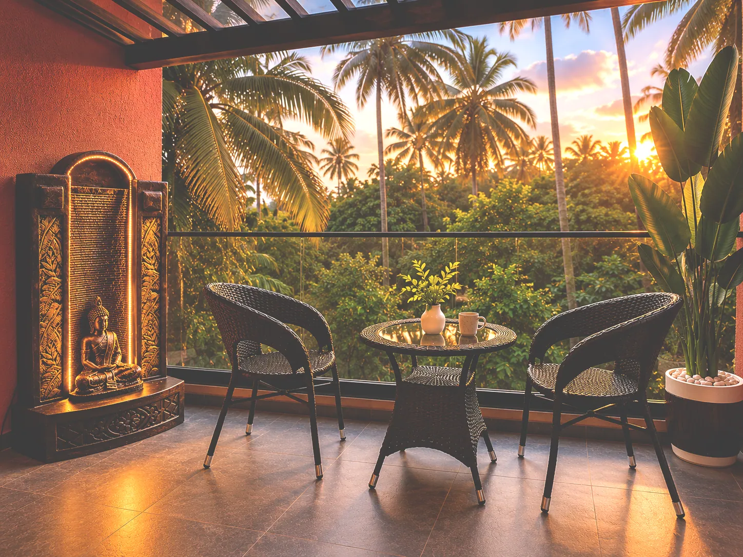 Terracotta balcony overlooking palms at sunset