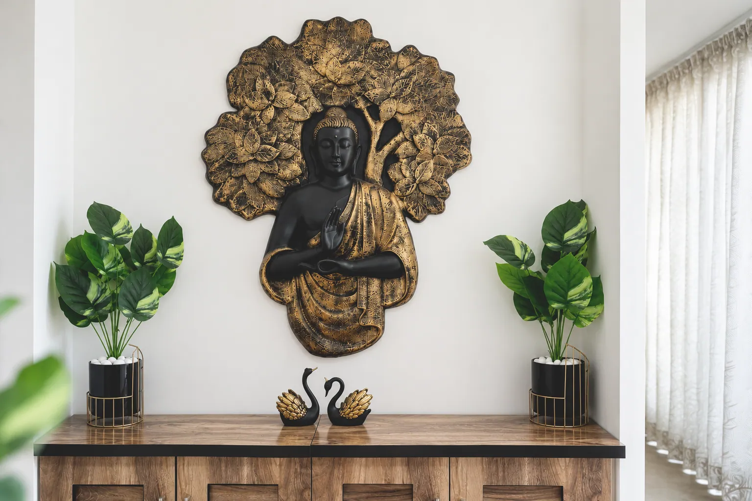 Buddha artwork and warm wood details